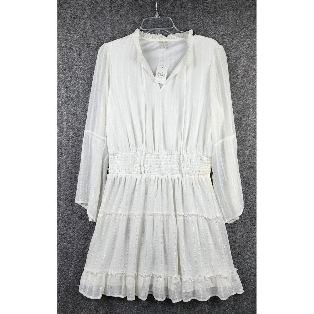 Cato Dress Womens M In Bloom Bright White Textured Stripe Smocked Tiered NEW